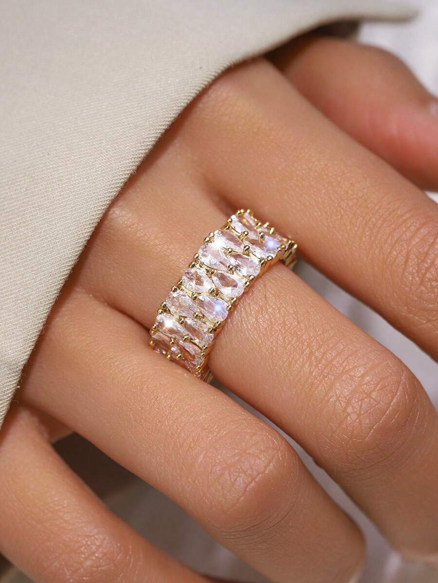 1pc Stunning Double Layered Water Drop Zirconia Decor Ring For Women Engagement Proposal Stylish Jewelry Gift