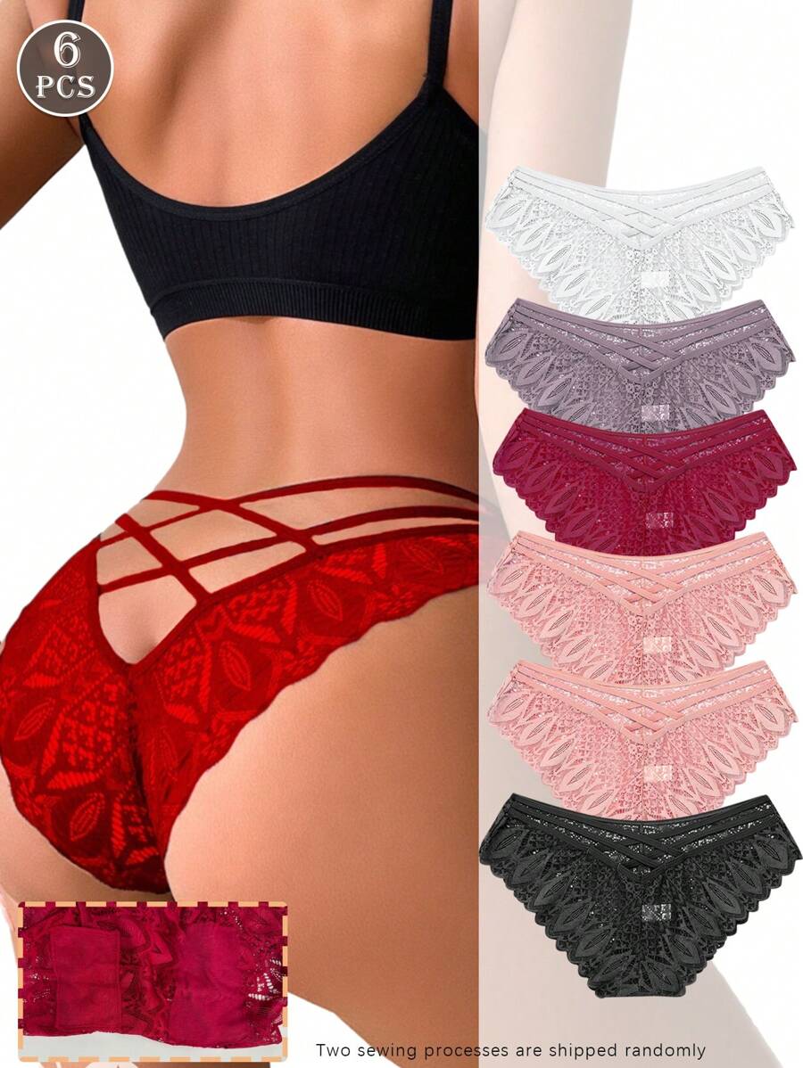 FINETOO 6pcs Women Solid Color Lace Patchwork Criss-Cross Sheer Hollow Sexy Thong Panty Set