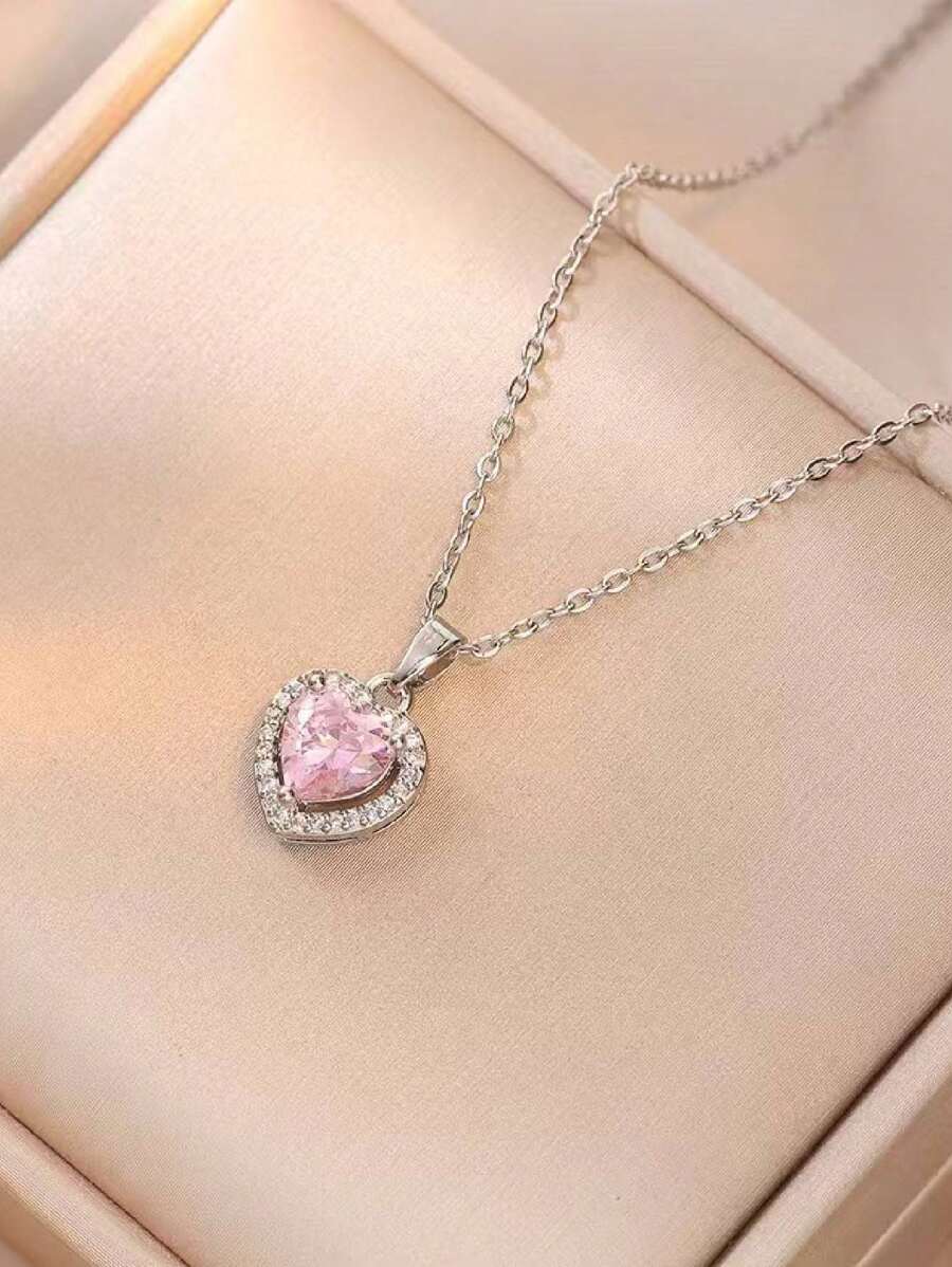 1pc Stainless Steel Zirconia Heart Shaped Delicate Necklace, Luxurious Chic For Women