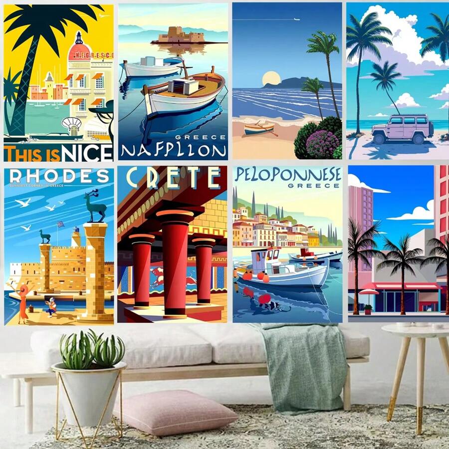 2pcs No Frame Modern Travel Wall Arts Posters Travel To Greece Athens Rhodes Island Wall Art Canvas,Provence Nice France Painting And Japan Beach City Summer Hiroshi Nagai Vaporwave PrintsVintage Posters Fishing Boats Seascape Home Room Decoration Nordic Wall Pictures Living Room Decor Gifts Birthday Graduation