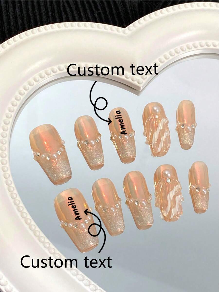 10 piezas de uñas postizas largas personalizadas, arte de uñas de cuatro estaciones, nuevo diseño de arte de uñas con estilo océano, diseño de patrón de paisaje DIY con perlas blancas, accesorios para uñas de color champán, uñas desmontables y reutilizables, polvo y brillo para uñas, adecuado para chicas y mujeres para usar en el escenario, fiestas de baile, fiestas, bodas, vacaciones. Uñas personalizadas, texto personalizado, imágenes personalizadas.