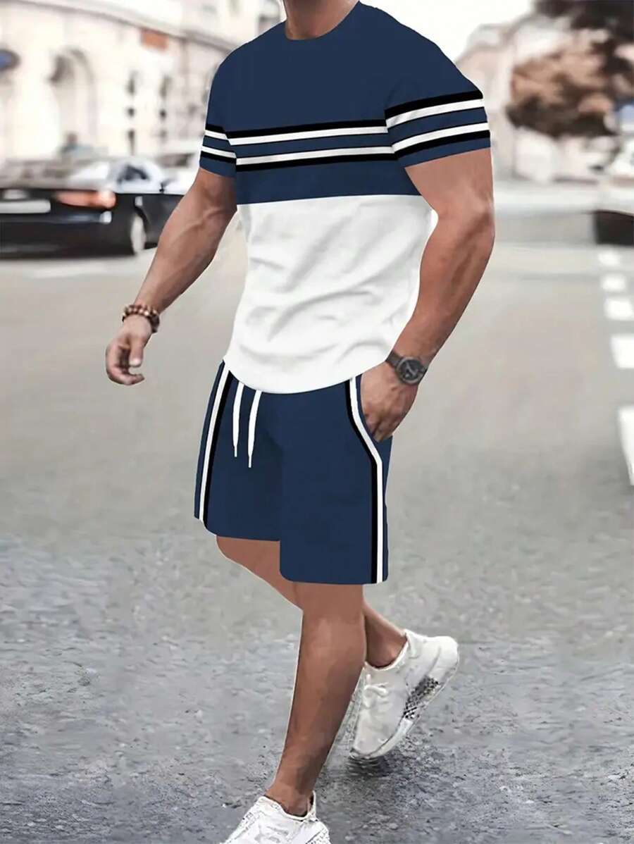 Conjunto de 2 piezas para hombre, camiseta de cuello de tripulación de manga corta con estampado gráfico de bloque de color y rayas, y pantalones cortos con cordón para actividades al aire libre en verano