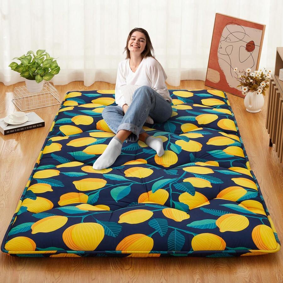 Twin/Full Size Japanese Futon Mattress, Modern Foldable Thick Tatami Floor Mat With Lemon Pattern, Portable Washable Sleeping Mat With Comfortable Foam For Camping, Dormitory, Blue Black Light Grey