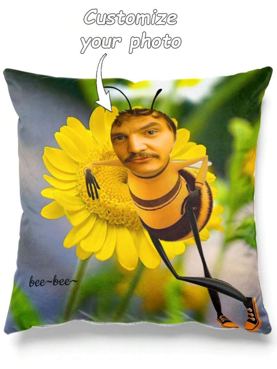 1pc Funny Bee & Flower Print Decorative Pillow Case, Customized Cushion Cover, Gag Gift For Friends, Creative Home Decor