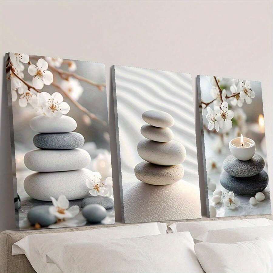 3 affiches artistiques sur canevas sans cadre - Art zen, purification spirituelle, art du yoga, bouddhisme, belle plage de galets sur fond gris, art de galets empilés, convient à la décoration murale de la maison