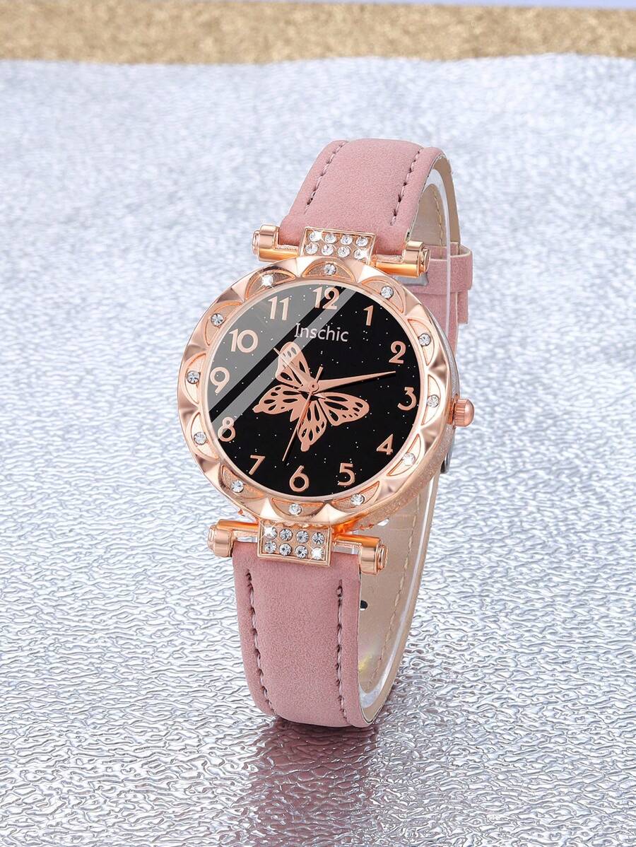 1pc Butterfly Leather Cute Watch Girls Kids Watch