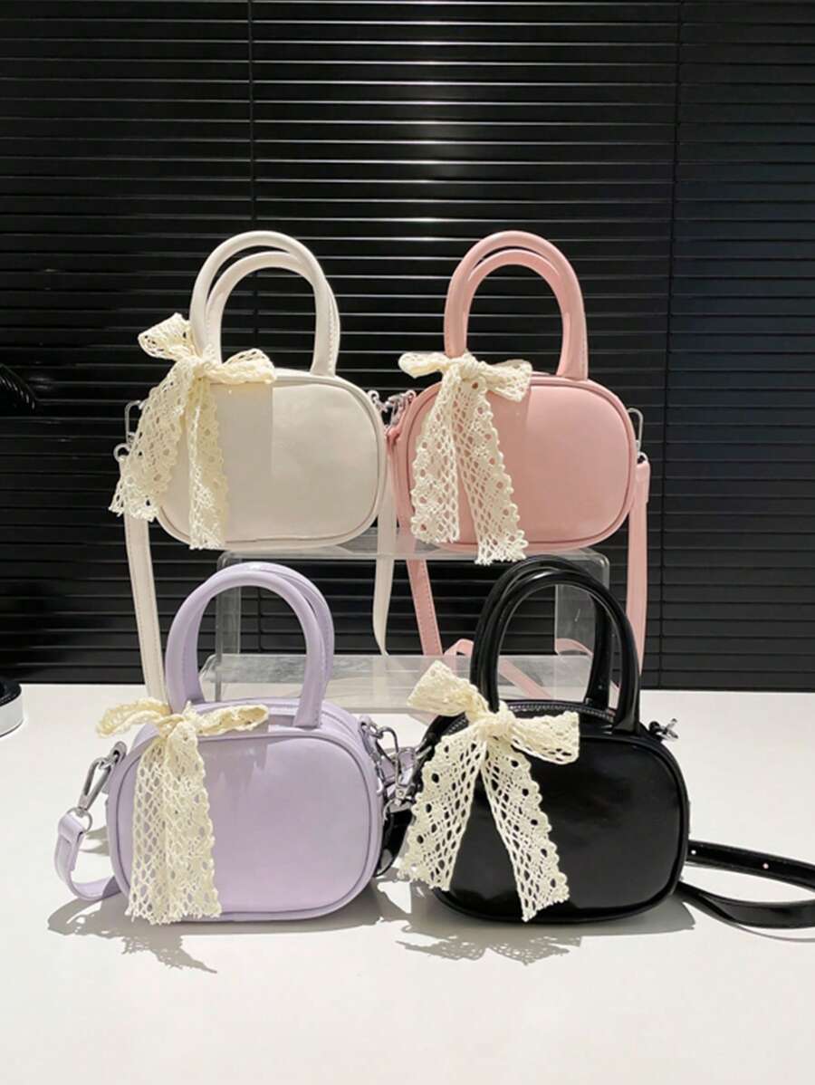1 Pc New Mini Solid Color Pu Material Bow Ribbon Decorated Handbag With Interchangeable Strap, Crossbody And Handheld, Fashionable And Elegant For Daily Outings, Shopping, Parties, Banquets, And Friend Gifts
