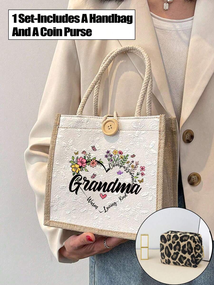 1Set Chic 'Grandma' Letter And Flowers Printed Linen Handbag,Leopard Linen Coin Purse, Block Shopping Bag, Mother's Day Gift Women's Linen Large Capacity Handbag. Multi Functional Portable Women's Gift, Perfect Holiday Bag, Suitable For Daily Travel, Beach Vacation, Large Capacity Shopping Bag, Very Suitable For School, University, Work, Commuting, Outdoor, Travel, Outdoor, Vacation, Etc