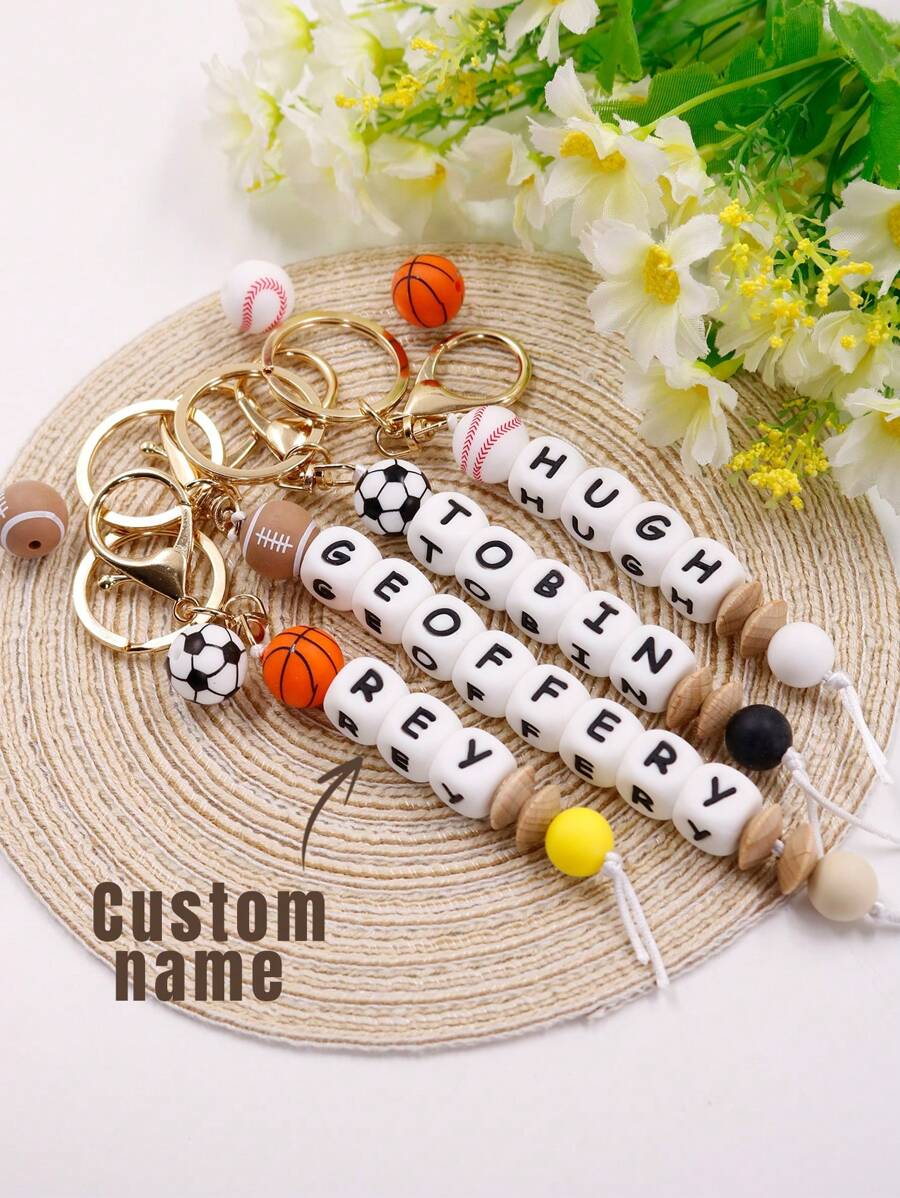1pc Customized Silicone Abacus Bead Keychain With Sports Ball Design And 1~10 English Letters, Personalized Gift With Custom Name For Friends , Colorful, Rugby/Baseball/Football/Basketball, Cute, Adorable, Contracted, Kawaii, Stylish, Casual, Cuties Custom