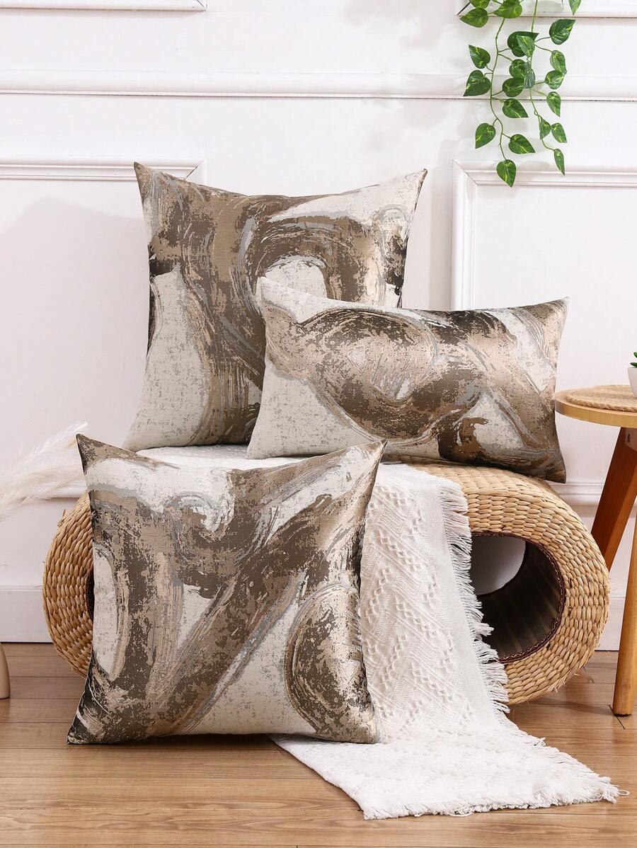 Miater 1pc Faux Silk & Metallic Gold Geometric Jacquard Pillow Cover