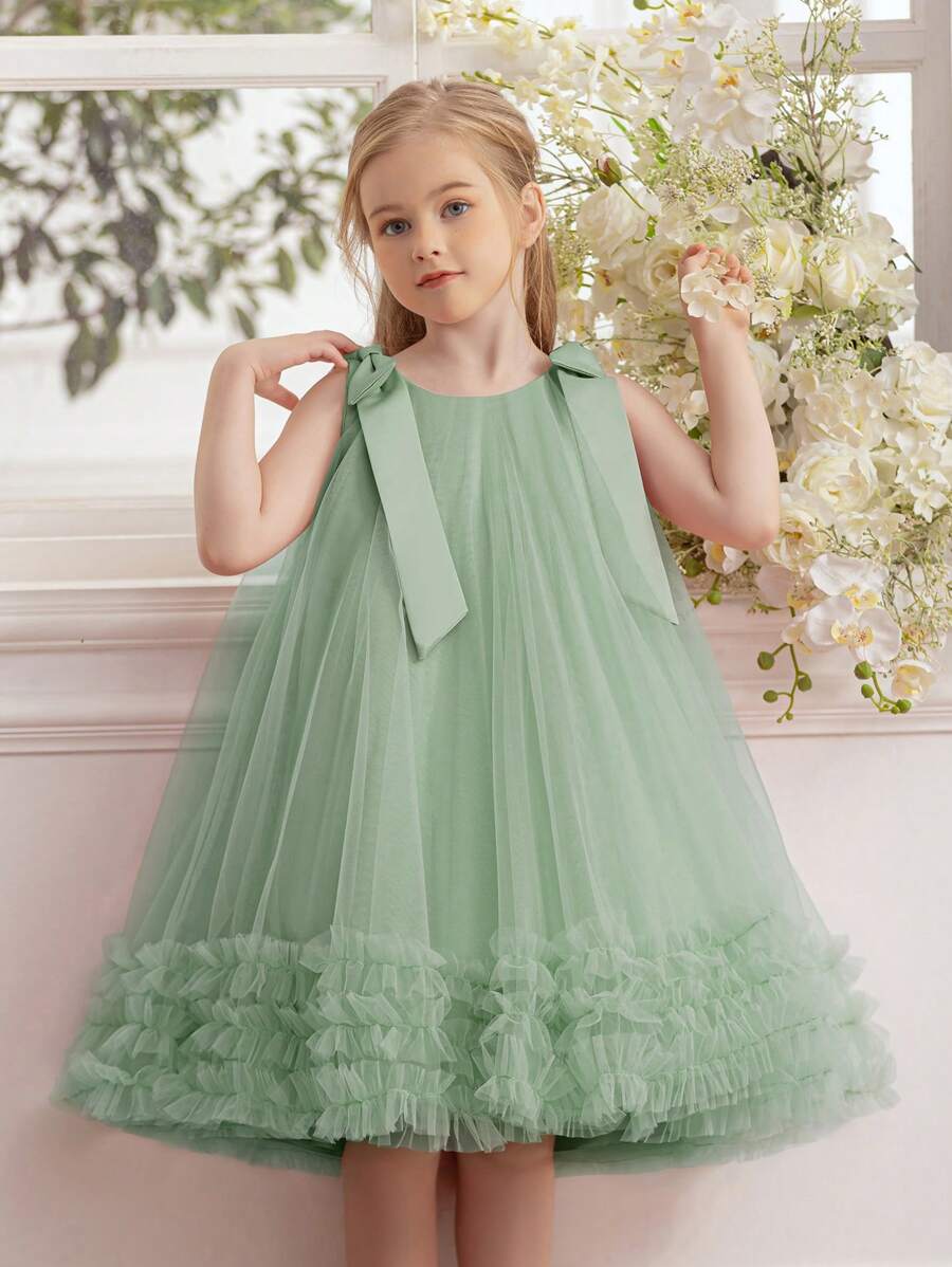 Young Girl Elegant Mint Green Bow Tulle Princess Dress, Suitable For Birthday Party, Casual Outing, Stage Performance, Holiday Celebration