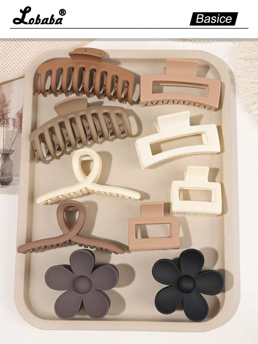 10pcs Set Beige Tone Square Cross Flower Geometric Hair Claw Clips, Simple Design For Daily, Party, Tea Ceremony, Washing Face