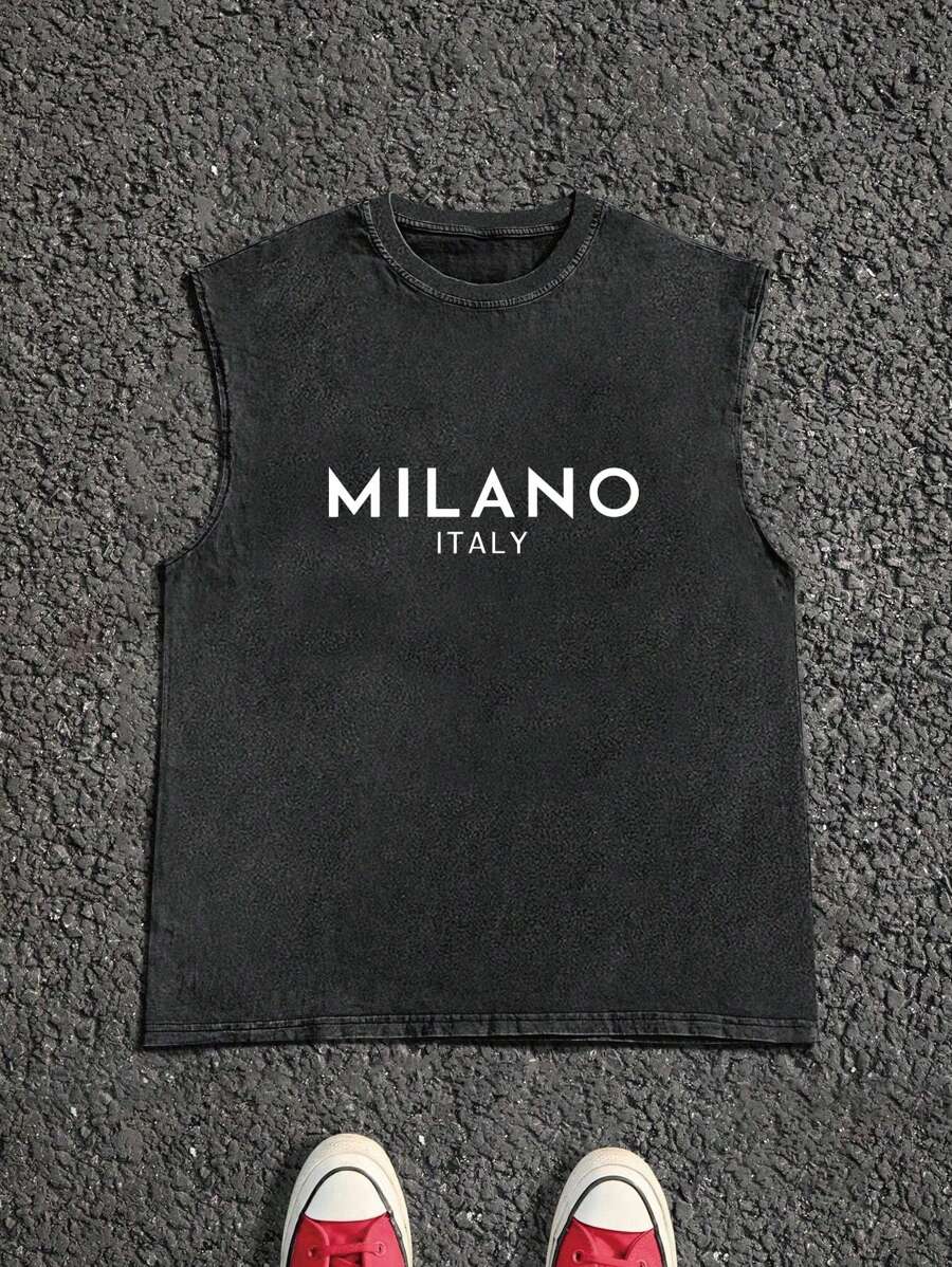 Plus Size Men's Casual Milano English Print Round Neck Washed Vest, Streetwear Y2K Style, Suitable For Daily Wear