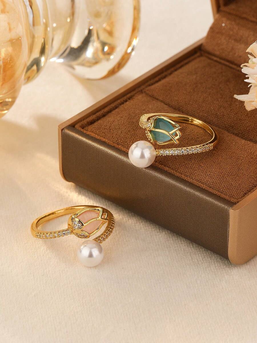 1pc Open Tulip Design Zirconia Inlaid Ring, Elegant High-End Style Suitable For Daily Wear, Great Gift For Mothers On Holidays