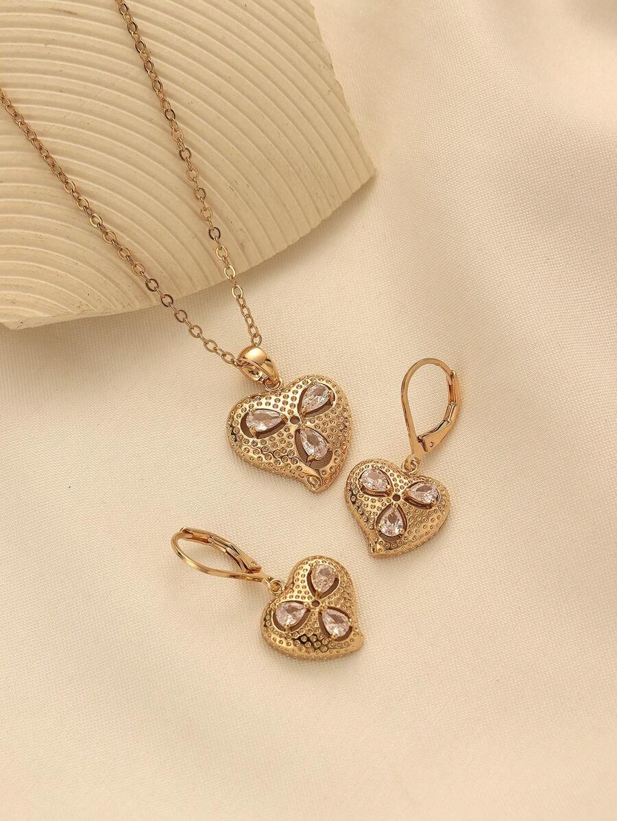 1 Set Elegant Cubic Zirconia Heart Shape Copper Metal Pendant Necklace And Earrings Jewelry Set, Suitable For Women, Daily Wear Or Gift
