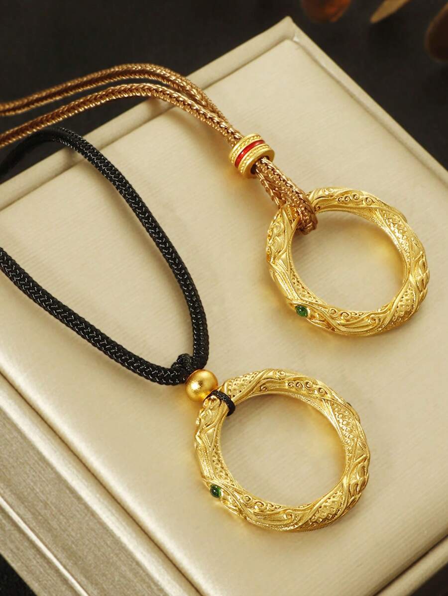 1pc Fashion Minimalist Stainless Steel Unique Nezha Circle Pendant Necklace, Handmade Braided Rope Vintage Chinese Style Auspicious Cloud Charm Necklace, Daily Wear Or Gift For Women