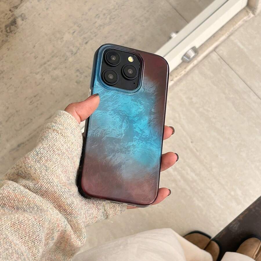 Icy Gradient Blue-Brown IMD Laminated Feather Boa Pattern Phone Case Compatible With IPhone 16 Pro Max/15 Pro Max/14 Pro/13/12