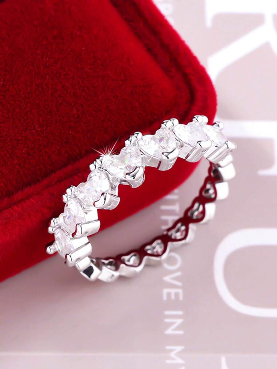1pc Sparkling Delicate Multi-Heart White Zirconia Stone Ring, Suitable For Women, Wedding, Engagement, Daily Wear