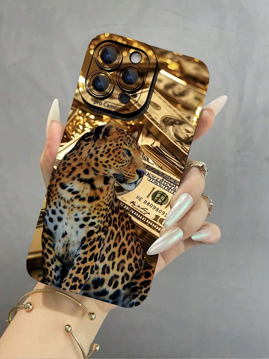 1 pieza Funda de teléfono con ojos de ángel de unicolor con diseño de dinero y estampado de leopardo compatible con iPhone 16/16 PLUS/16 PRO/16 PRO MAX