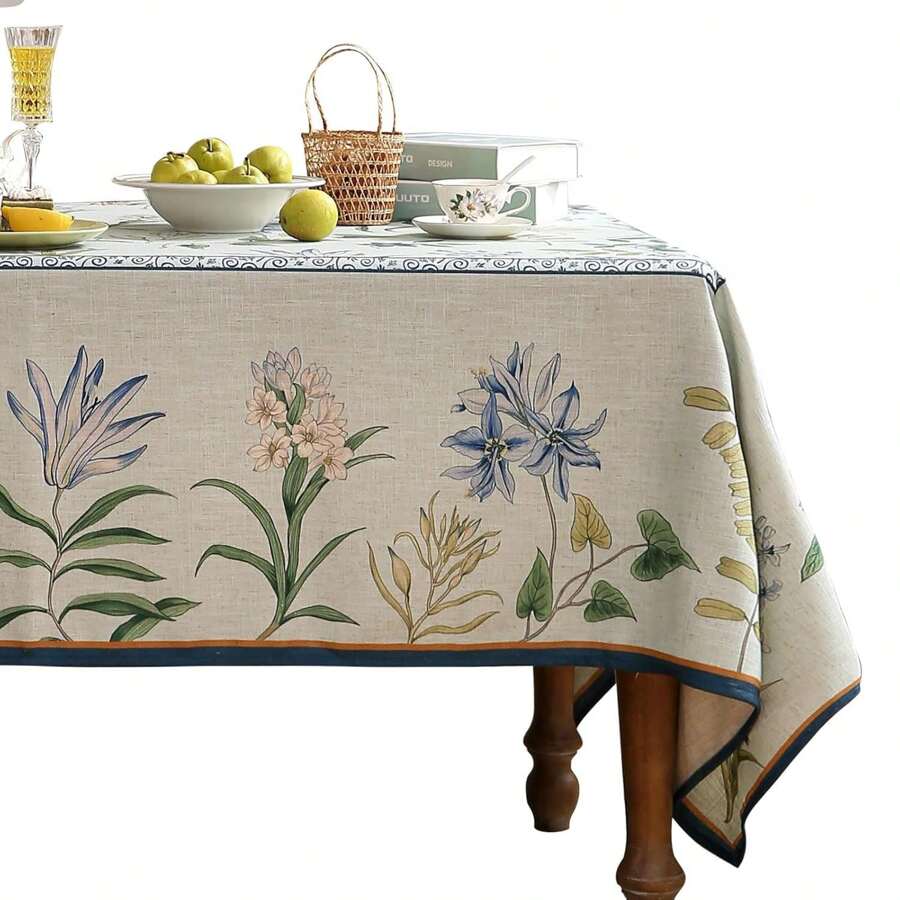 1pc Farmhouse Floral Rectangle Tablecloth, Vintage Linen Leaf & Flower Pattern Design, Suitable For Kitchen, Dining Room Decor, Party Picnic Decoration, Home Accessories