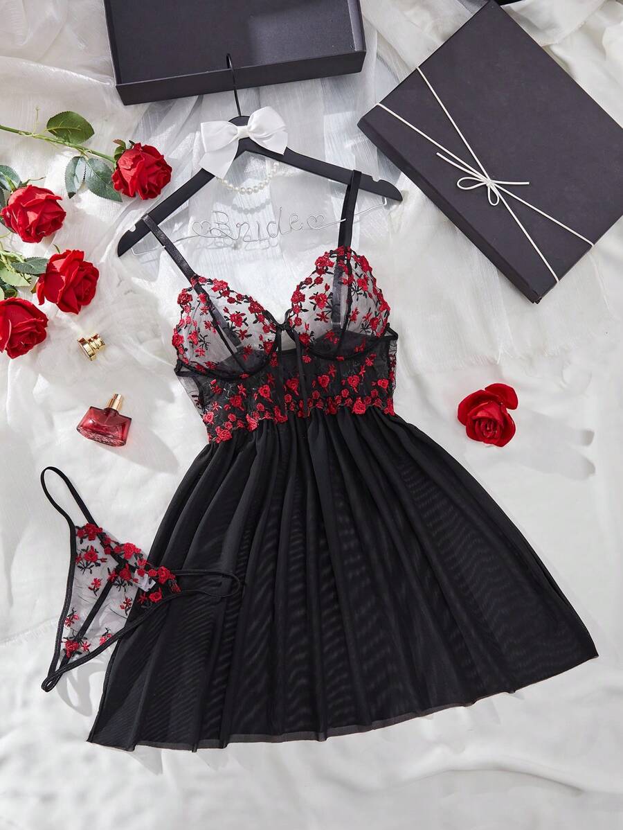 Vestido de tirantes transparente y sexy con encaje en contraste de unicolor y malla para mujer