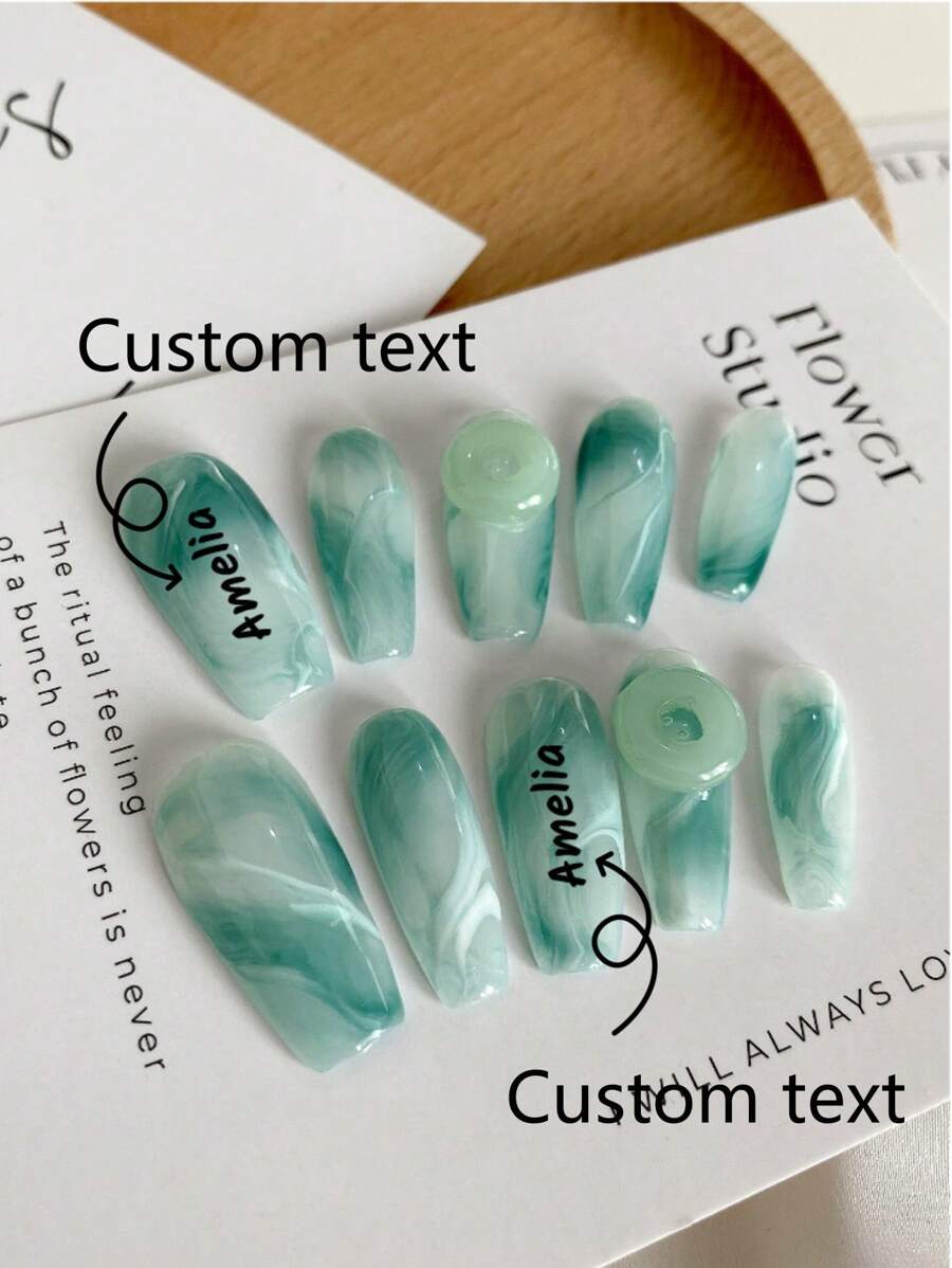 10 piezas de uñas postizas personalizadas, uñas en forma de ataúd largas, arte de uñas de primavera y verano, nuevo diseño de moda DIY con patrón de degradado verde, azul celeste y lluvia, accesorios de uñas verdes, suministros de uñas desprendibles y reutilizables, polvo de uñas, purpurina de uñas, adecuado para que las niñas y las señoras lo usen en el escenario, fiestas de baile, bodas, escenas festivas, uñas personalizadas; texto personalizado; imágenes personalizadas.