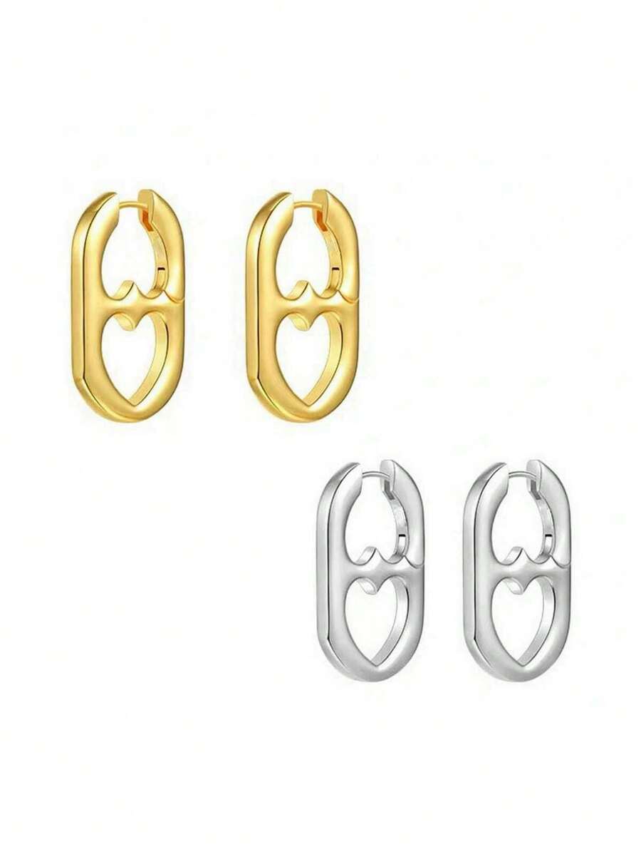 1 par de pendientes minimalistas con diseño geométrico hueco de corazón, joyería de moda estilo francés para mujeres