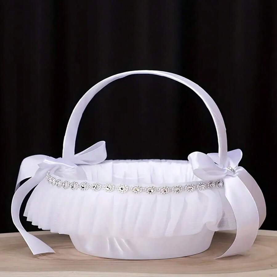 1 pieza Canasto de niña de las flores de satén y encaje para ceremonias de boda, elegantes cestas de flores blancas con decoraciones de piroxeno para fiestas nupciales, regalos de cumpleaños de verano, útiles escolares y decoración de habitaciones