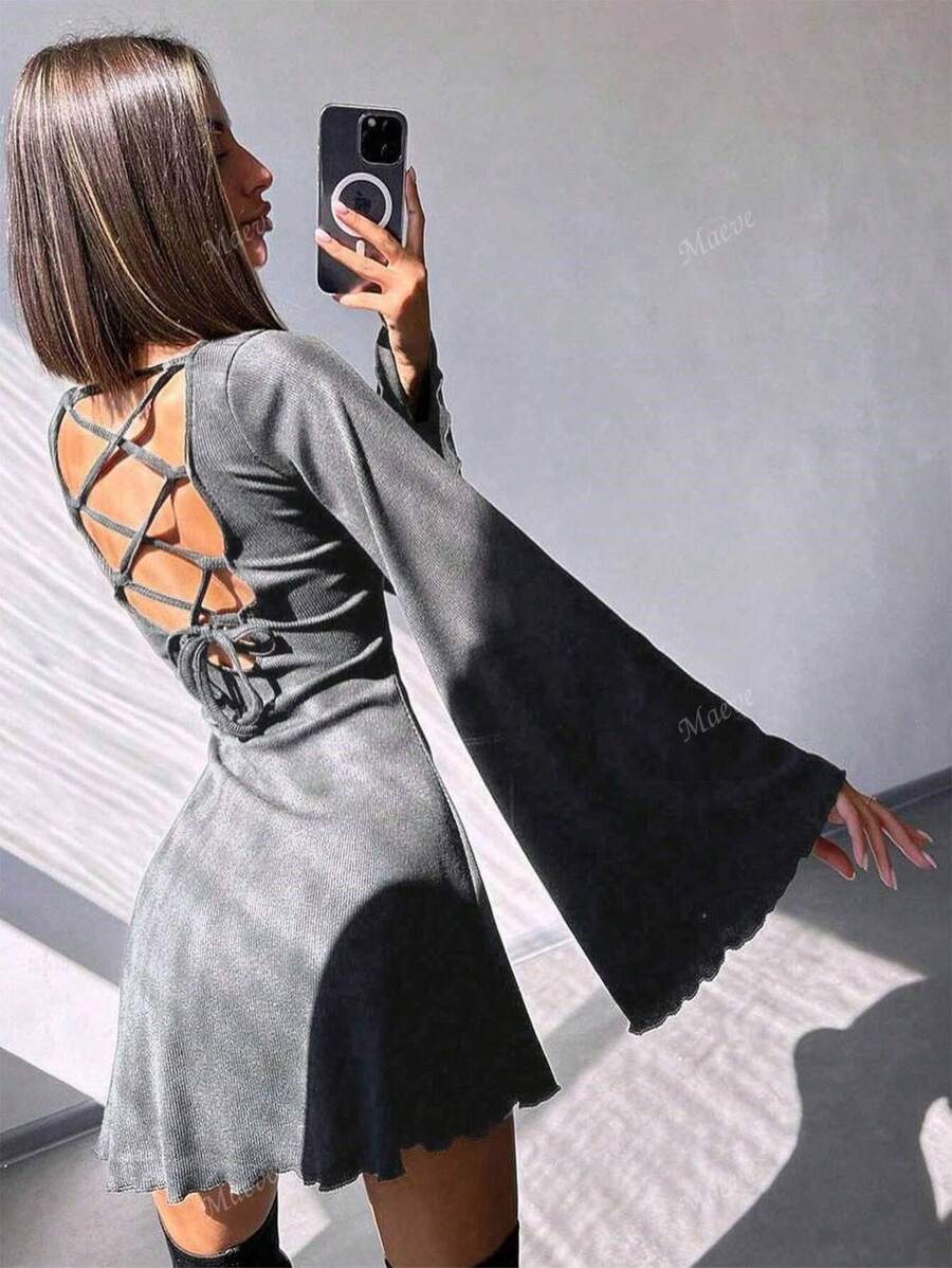 Fashionable Sexy Round Neck Solid Color Flare Sleeve Hollow Tie Up A-Line Short Dress