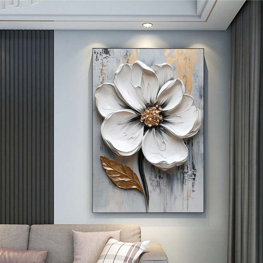 1 Pieza Pintura al óleo de flor blanca grande en 3D, Pintura de flor con textura gruesa en 3D, Arte de pared con textura floral, Arte en lienzo floral, Decoración de arte moderno para sala de estar, Arte botánico floral para decoración del hogar, Regalo, Decoración creativa de pared para el hogar, Dormitorio, Sala de estar, Cocina, Baño, Cafetería