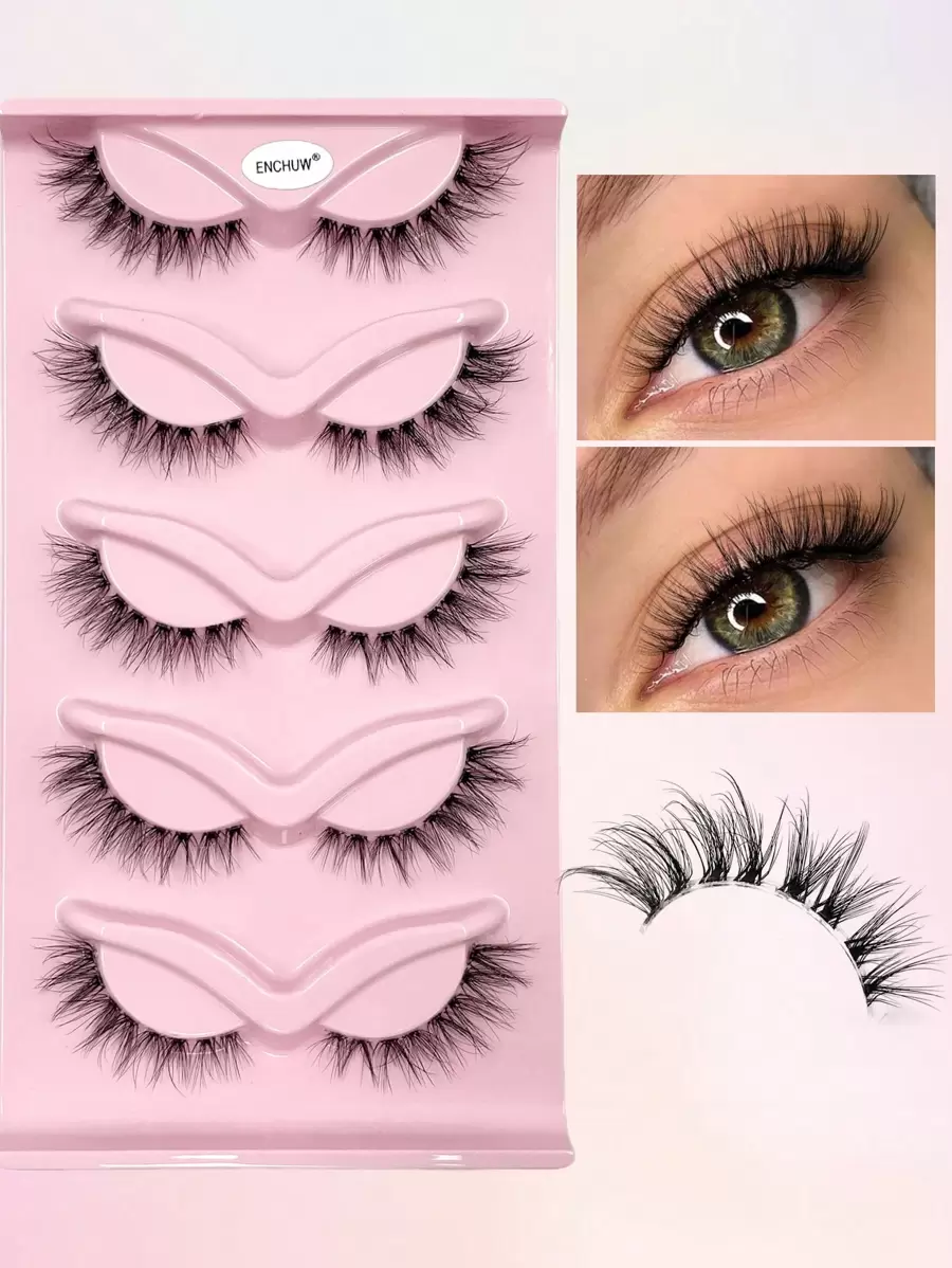 ENCHUW 5 par rzęs Fox Eye, rzęsy Cat Eye z przezroczystym paskiem, wydłużone rzęsy Winged End, puszyste, miękkie, naturalne, długie, sztuczne rzęsy z norek