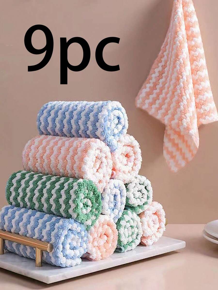 9pcs/Pack Household Wavy Texture Dish Cloths, Thick Coral Fleece Non-Stick Oil Slouchy Dishcloth Kitchen Cleaning Rags Randomly Assorted