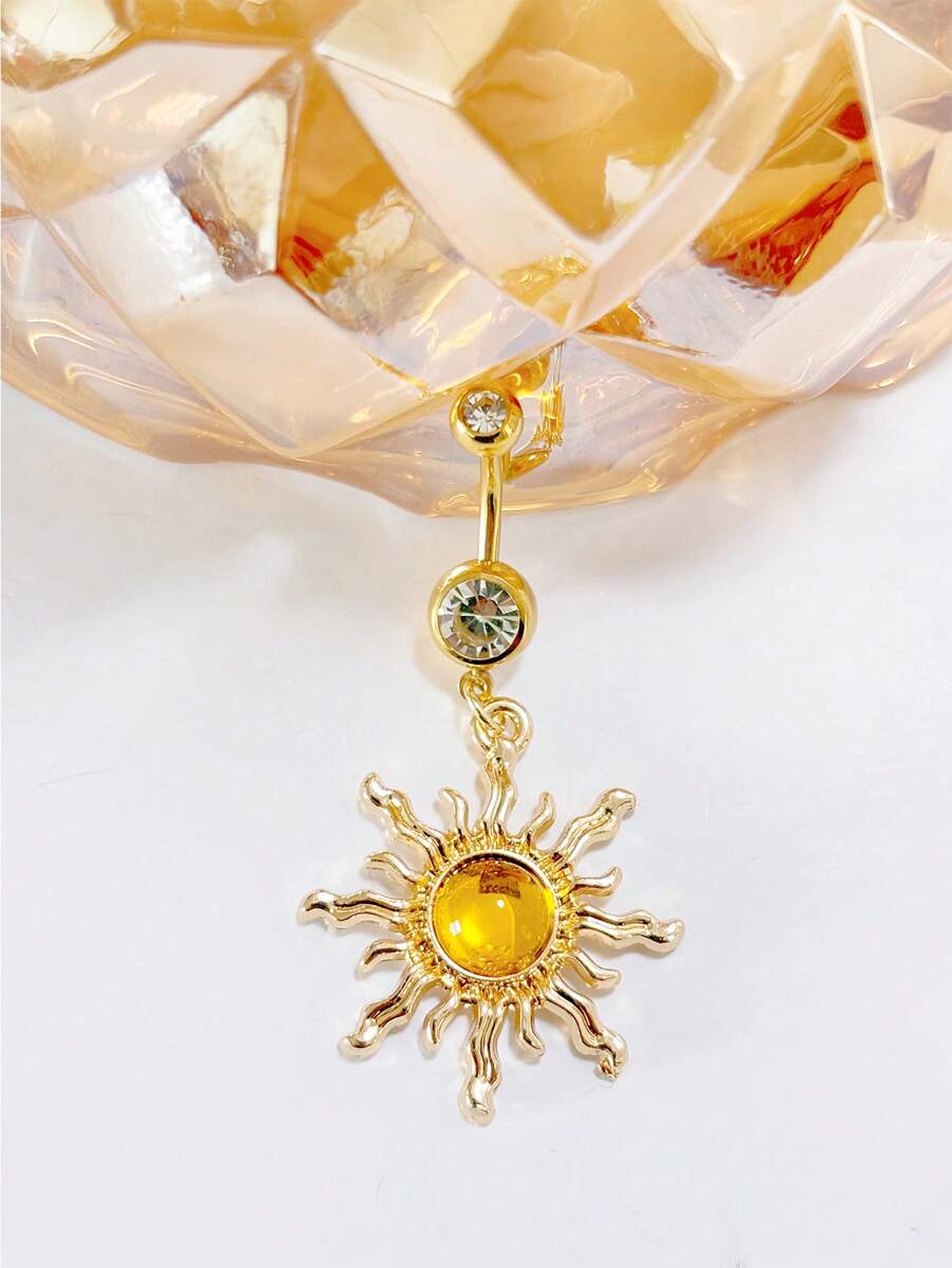 1 Pc Fashionable Rhinestone Sun Style Belly Button Ring For Women, Sexy Beach Holiday Sweet & Cool Navel Piercing Jewelry Stainless Steel Body Piercing Accessories