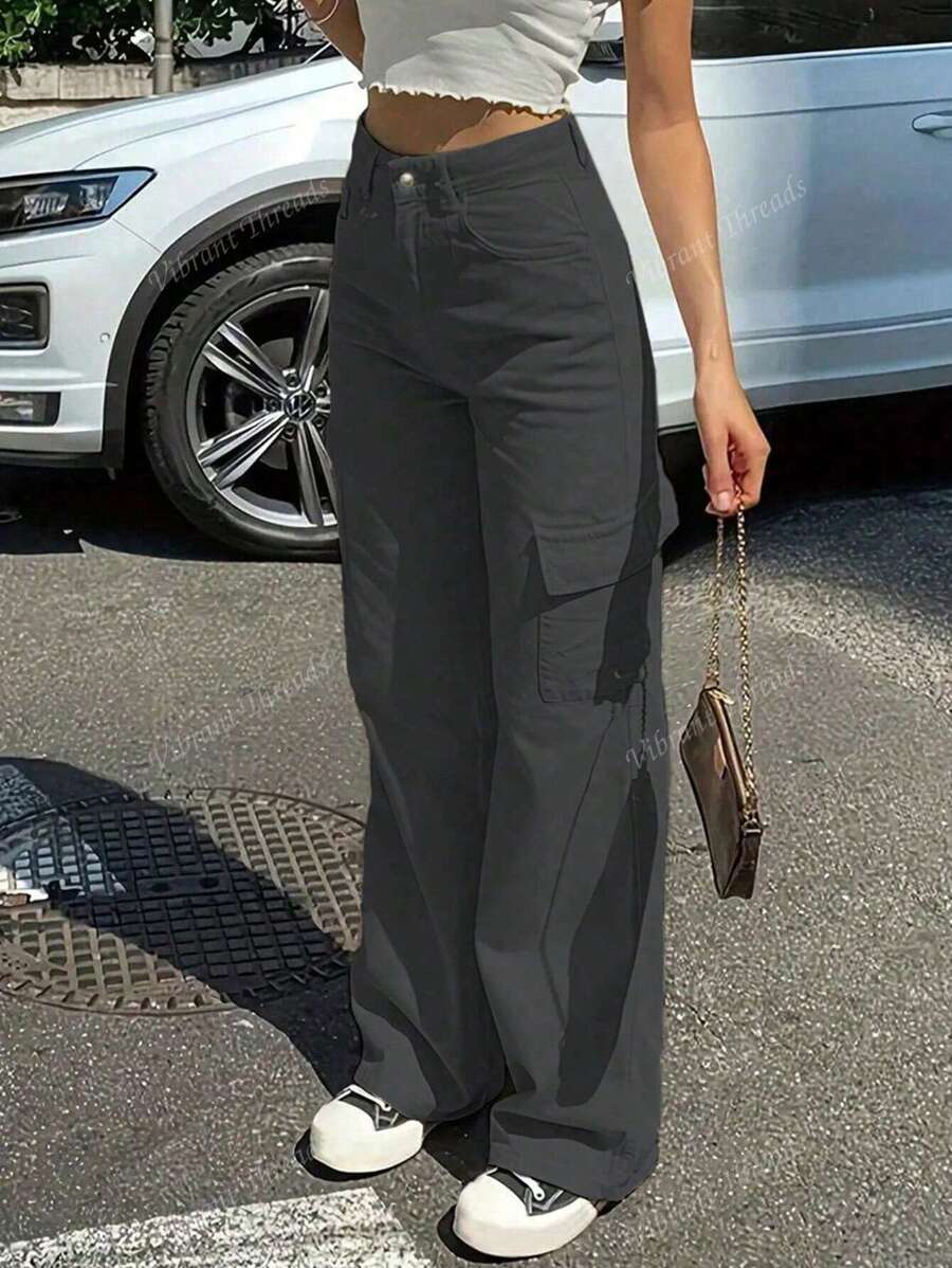 Pantalones utilitarios rectos de mujer de unicolor con bolsillos laterales, estilo 2024