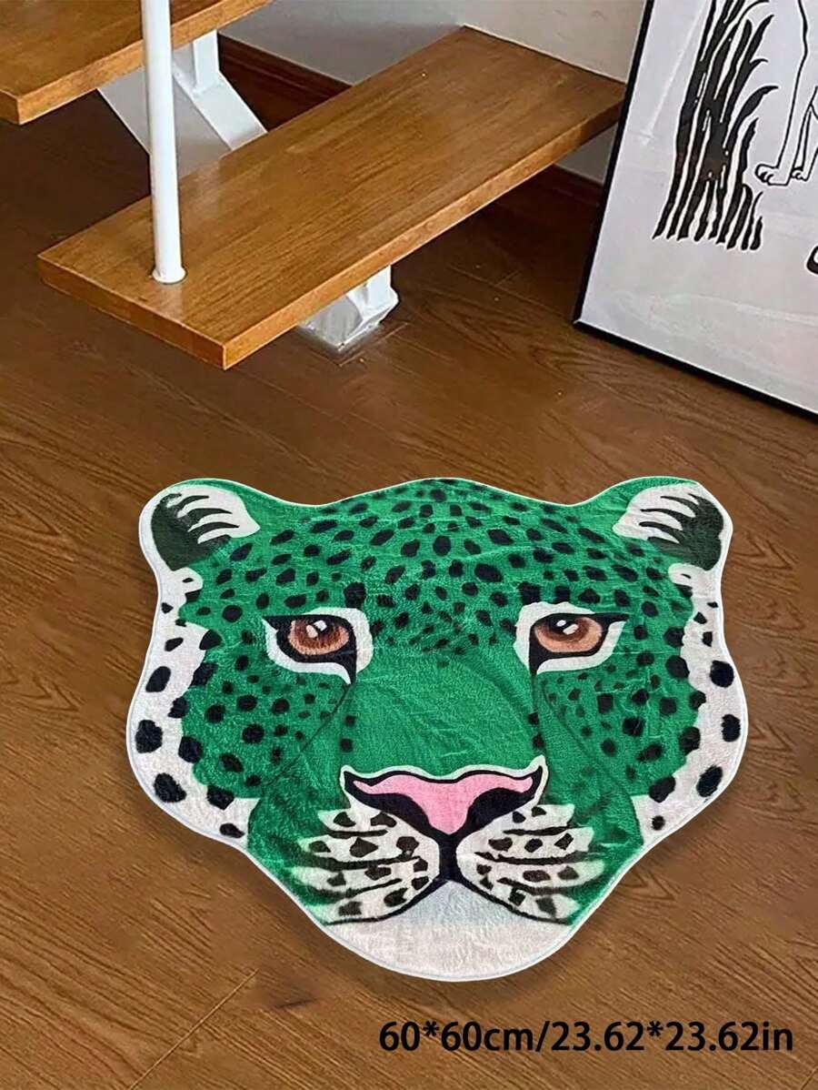 1 pieza Alfombra con forma de cabeza de leopardo verde, alfombra con estampado de leopardo, alfombra de moda creativa, tapete estilo Ins, alfombra esponjosa y cómoda para el hogar, antideslizante y fácil de limpiar, adecuada para cocina, entrada, dormitorio, baño, sala de estar, dormitorio, sala de juegos, armario, comedor, patio trasero, habitación de niños