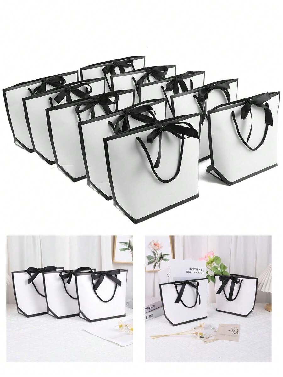 10pcs-Bowknot Decor Tote Bag, White Large Capacity Paper Handbag,Party Gift Decoration, For Halloween, Thanksgiving, Christmas, New Year, Wedding Bridesmaid Proposal Handbag, Birthday, Gifts, Simple Solid Color Shopping Bag, Bakery Packing Bag, Small Business Supplies,Black White Gift Handbag With Ribbon,DIY Making, Beauty Storage,Christmas