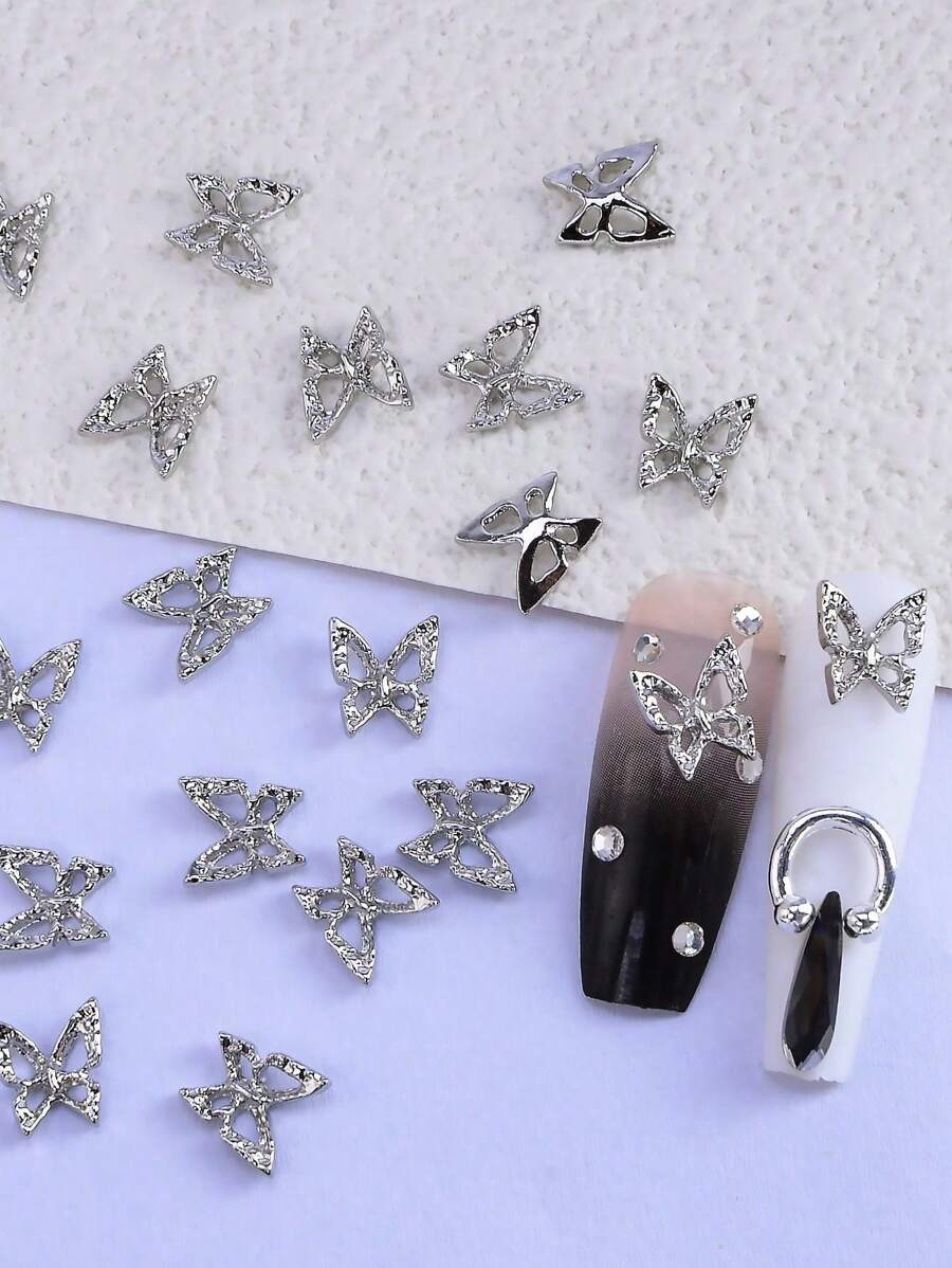 10/20 accesorios de uñas de aleación, simples, lindos, románticos, estilo japonés y coreano, mariposa hueca de plata, decoración de uñas para mujeres, decoración de belleza, decoración DIY, decoración de estuche de teléfono hecho a mano, decoración de muñecas, se puede usar en el hogar con decoración de uñas o parches de uñas para uso diario, uso festivo, uso de traslado