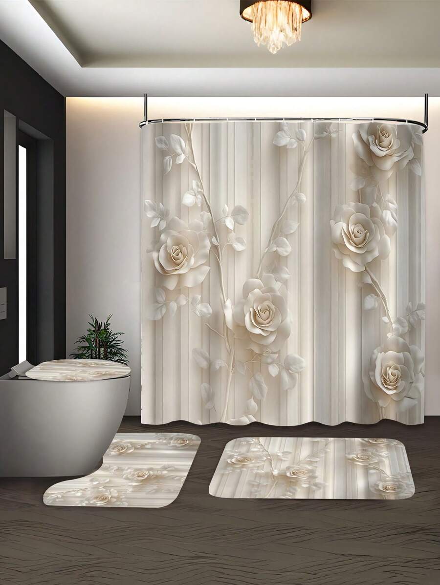 1/4 pièces Rideau de douche en polyester 3D à fleurs imperméable avec crochets, impression numérique, tissu lavable en machine. Séparateur de salle de bain imperméable et décoratif pour la maison, convient pour toutes les saisons, décoration de salle de bain, décoration d'automne, accessoires de salle de bain, rentrée des classes
