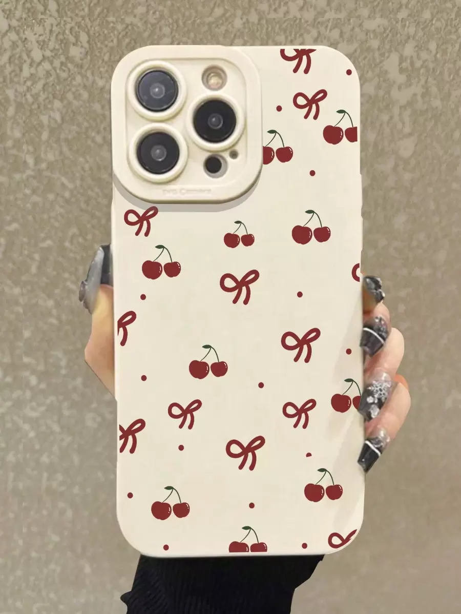 Cherry Bow Ivory Shockproof Phone Case Compatible With IPhone 16/15 XR /7/8 IPhone 15 Pro Max/12 Pro Max/13 Pro Max/14 Pro Max 13 14 11 12p14 P11 Soft Shell P12 Drop-Proof XS.XR /78P.78GES2 Series S24 A03s, A03core, A04, A12, A13, A14, A21s, A22, A23, A24, A32, A33a34, A5 A51A52, A53, A54, A71, A72, A73, S20 Fe, S21, S22, Redmi Series Redmi 9, Redmi 9a