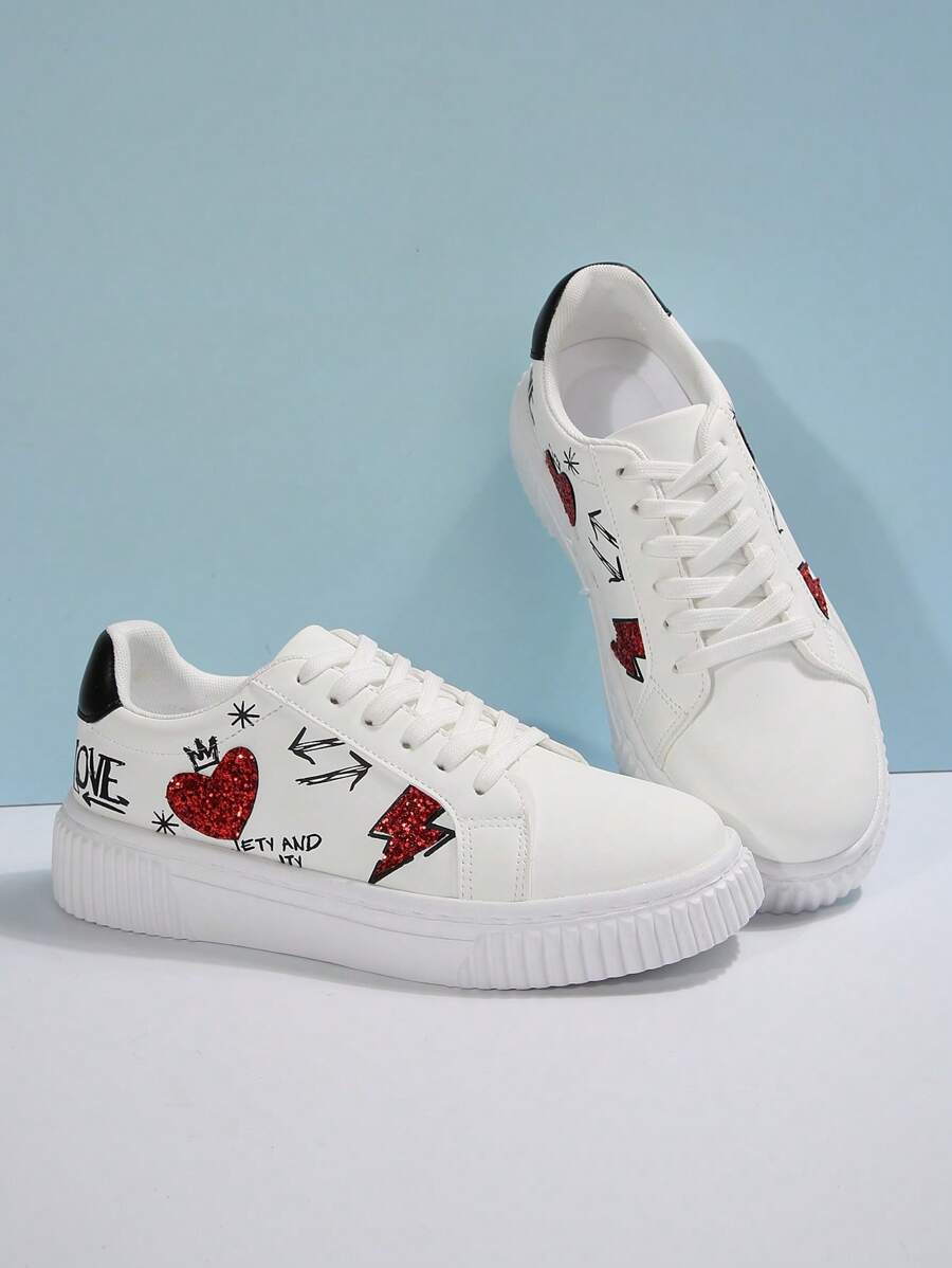 Women Graffiti Heart Round Toe Lace Up Outdoor Activity Sporty & Casual Lightweight EVA Platform Sneakers, Spring/Summer