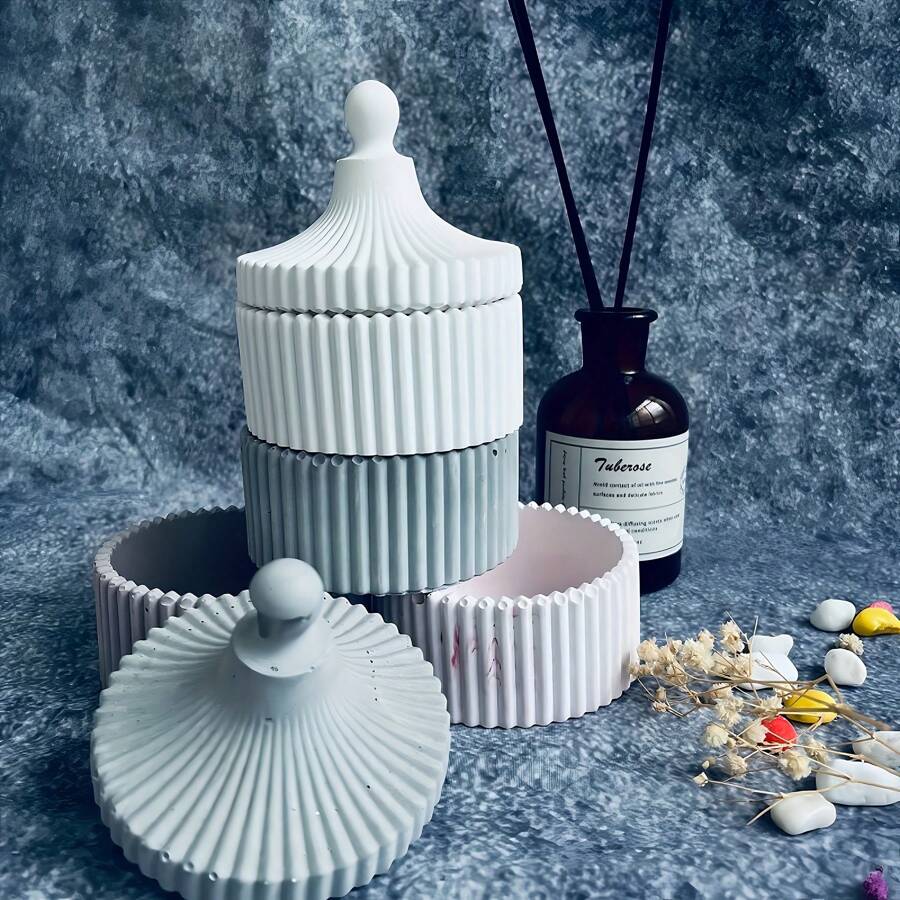 1pc Nordic Style Striped Storage Box Plaster Resin Silicone Mold, Dual-Function European Candle Holder + Storage Decorative Item, Minimalist Personalized INS Style Home Decor Mold