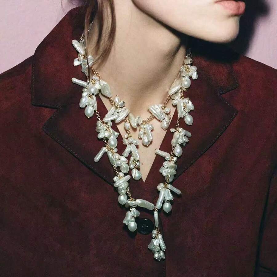 2 piezas Collar de cadena de metal dorado con cuentas de perlas y flecos en capas, adecuado para la playa, uso casual y ocasiones formales, estilo bohemio