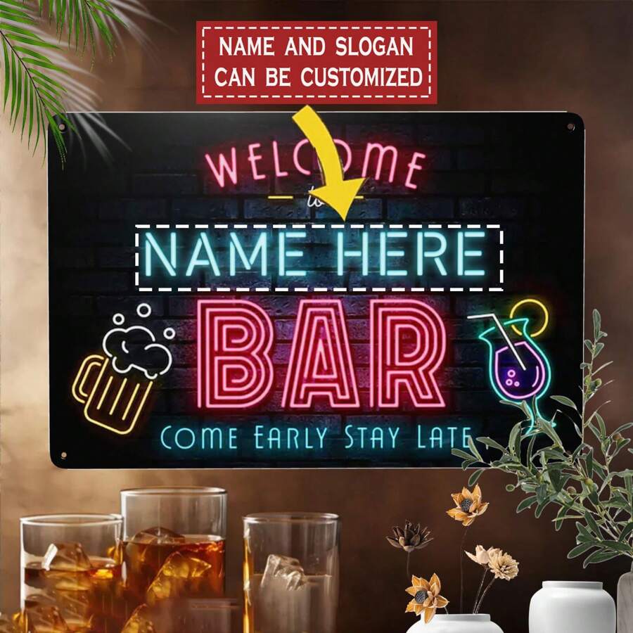 1pc Personalized Vintage Metal Bar Sign, Customizable Bar Wall Decor, Gentleman Cave Rest Room Accessory, Unique Tiki Wall Sculpture, Ideal Gift For Home Bar And Garden