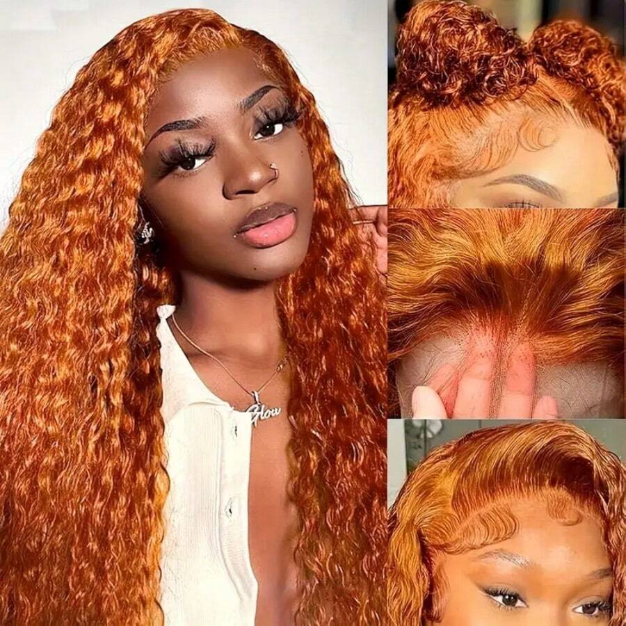 Super Soft Orange Deep Wave Lace Front Wig For Women, 13x4 HD Transparent Human Hair, Glueless 200% Density Curly Wig - Perfect Christmas Gift, Ginger, Christmas Gifts