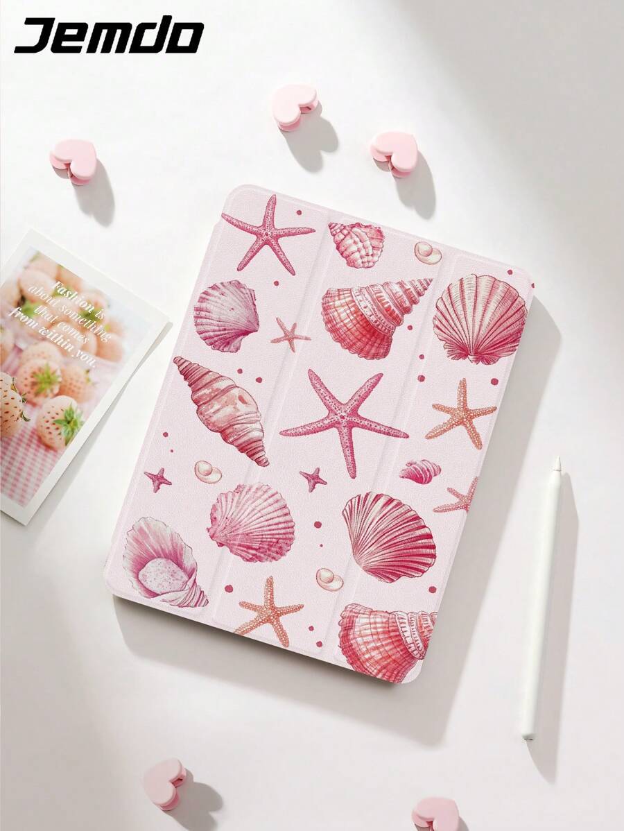 Summer Phone Case 1pc Ocean Elements & Pink Star Pattern Flat Tablet Protective Case, Compatible With IPad 10.2", IPad Pro 2021/2020, IPad 9th/10th Gen, Galaxy Tab A8 10.5" 2022, Matepad 10.4"/Tab, Anti-Drop, With Pen Slot, Support Sleep/Wake