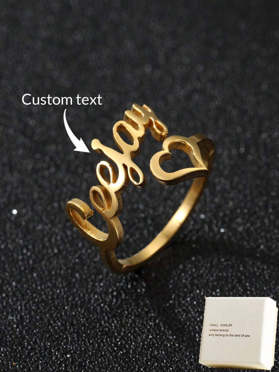 Gepersonaliseerde gouden hartnaamring voor dames, gepersonaliseerde open hartvormige ring van roestvrij staal
