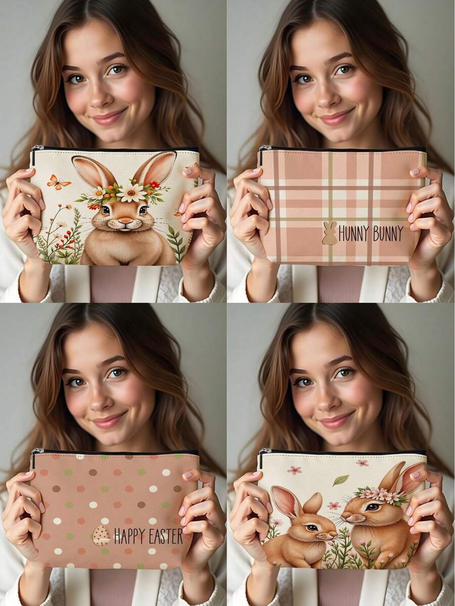 1pc Easter Rabbit Wreath, Butterfly & Letter Linen Print Cosmetic Bag, Cute Travel Makeup Pouch And Multifunctional Coin Purse, Lightweight Gift For Women