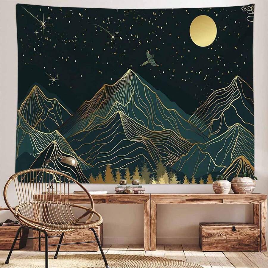 1pc Night Forest & Mountain Print Tapestry, Modern Polyester Square Wall Hanging Decor For Room, Living Room, Bedroom, Home Decoration