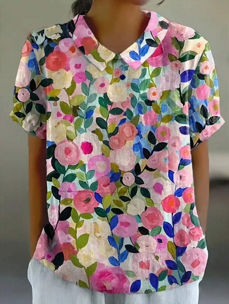Camicetta con scollo a V con stampa floreale in poliestere per donna, con fessura, stampa all-over globale