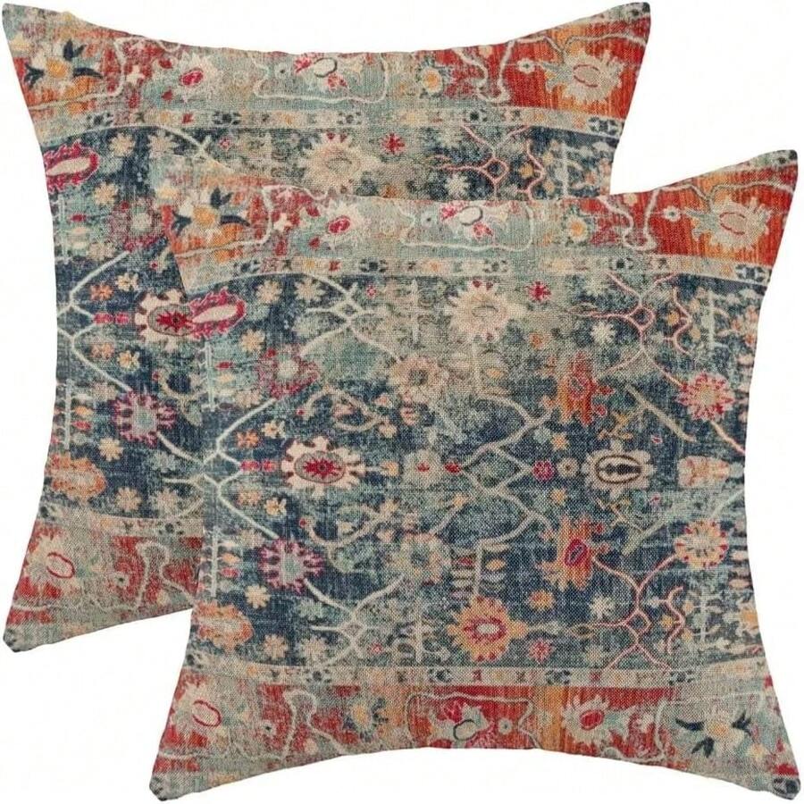 Set van 2 stuks Boho Vintage Retro Kussenhoezen 18x18 Set van 2 Boho Kleurrijke Stijl Decoratieve Sierkussen Buiten Linnen Vierkant Boerderij Decor Kussenhoes Voor Thuis Bank Sofa